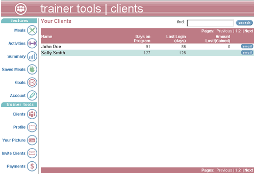 Watch your clients lose weight.  Click on a client to see their foods, activities and total progress.